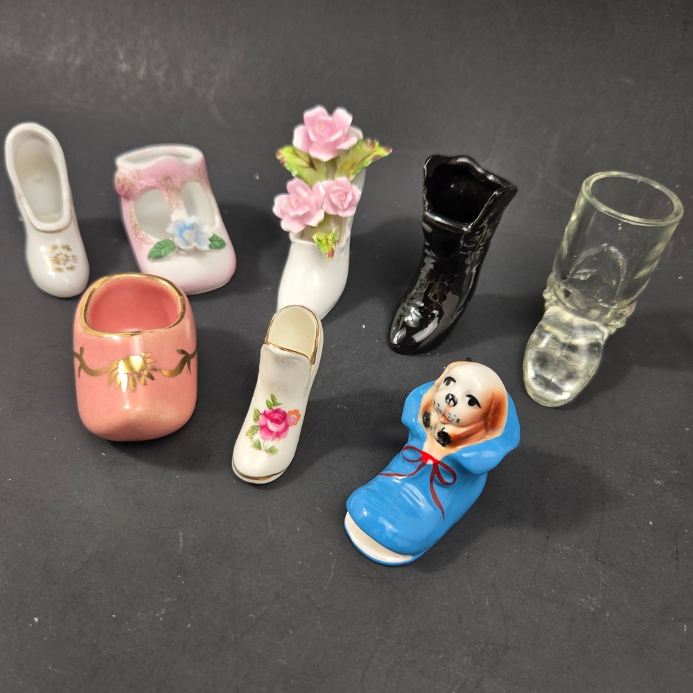 Vintage Porcelain and Glass Miniature Shoes Lot Collectible Figurine Display